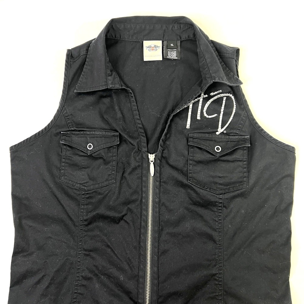 Harley‎ Davidson Womens XL Black Twill Vest Rhinestone H D Zip Motorcycle Bling